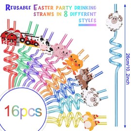 Reusable Farm Animal Birthday Party Straws, Farm Animals Plastic Curly Drinking Straws for Kids Barnyard Birthday Party Supplies Straws Gift, with 2 Pcs Cleaning Brushes(16 Pcs)