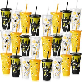 Uiifan 24 Pcs Bee Party Plastic Cups 24oz Reusable Tumbler with Lid and Straw for Bee Birthday Party Decorations Supplies Favor