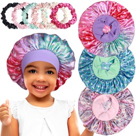 3pcs Satin Bonnets for Kids Sleeping, Cute Hair Bonnet with Scrunchies for Girls Curly Hair, E