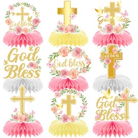 Holy Communion Table Decorations - 9PCS First Communion Decorations, Baptism Decoration,Elegant God Bless Honeycomb Centerpieces for Tables, Pink or Gold 3D Center Pieces Decoration for Table (Pink)