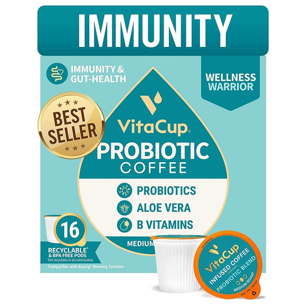 VitaCup Probiotic Coffee Pods 16ct |Gut Health| w/ Aloe Vera, Vitamins & Probiotics, Vegan|Keto|Paleo| B1, B5, B6, B9, B12, Compatible with K-Cup Brewers Including Keurig 2.0, Top Rated Cups