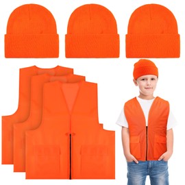 Jiuguva 6 Pcs Kids Hunting Safety Vest and Hat Include Blaze Orange Hunting Vest Construction Vest and Knitted Hat for Boys Girls (Knitted Hat Style)