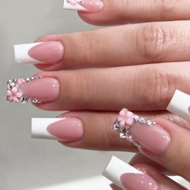 Hkanlre French Pink Press on Nails Medium Fake Nails Tips Full Cover Square Flower False Nails for Women 24PCS