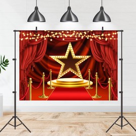 Tcoyodw Red Curtain Stage Backdrop 7x5ft Red Carpet Night Theme Party Gold Five Pointed Star Celebrity Party Decorations Photography Background Banner Photo Studio Props