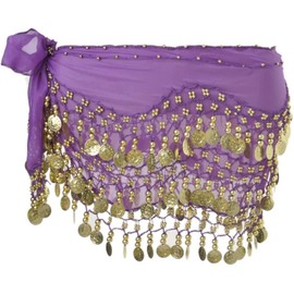 SamHeng Women's Belly Dance Belt, Chiffon Hip Scarf, Dance Cloth with Coins for Belly Dance for Performance Costume Belly Dance Yoga Course, purple