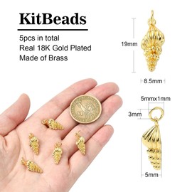 KitBeads 5Pcs Golden Spiral Shell Charm Cowrie Seashell Charm Ocean Summer Beach Conch Charm for Jewelry Making Bracelet Necklace Bulk