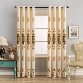 ELKCA Beige Chenille Curtain with Classical Embroidered Pattern for Living Room European Curtains for Bedroom,Grommet Top,52" W x 84" L,2 Panels