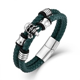 Veshon Mens Rose Skull Bracelet, Two Row Leather Braided Steel Skeleton Bracelet Wristband Bangle Gothic Punk Rock Jewelry for Men, 8.3 Inch