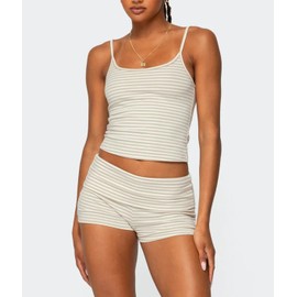 RUEWEY Women Y2k Pajama Set Striped Sleeveless Crop Cami Top Lounge Shorts PJS 2 Piece Matching Sleepwear (Yellow, M)