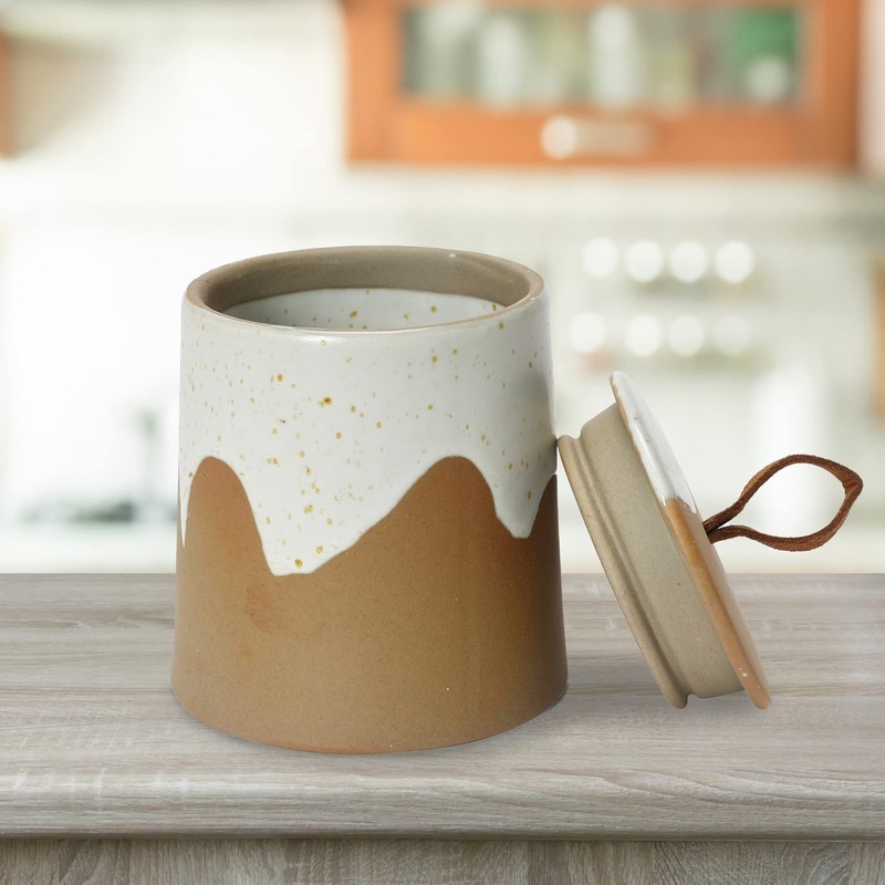 Bloomingville Stoneware Canister with Leather Loop Food Storage, 3" L