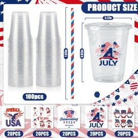 100 Sets 4th of July Party Cups with Lids and Straws Patriotic Clear Plastic Disposable Cups for Independence Day Memorial Day Party Decor Supplies 5Styles, 16 oz