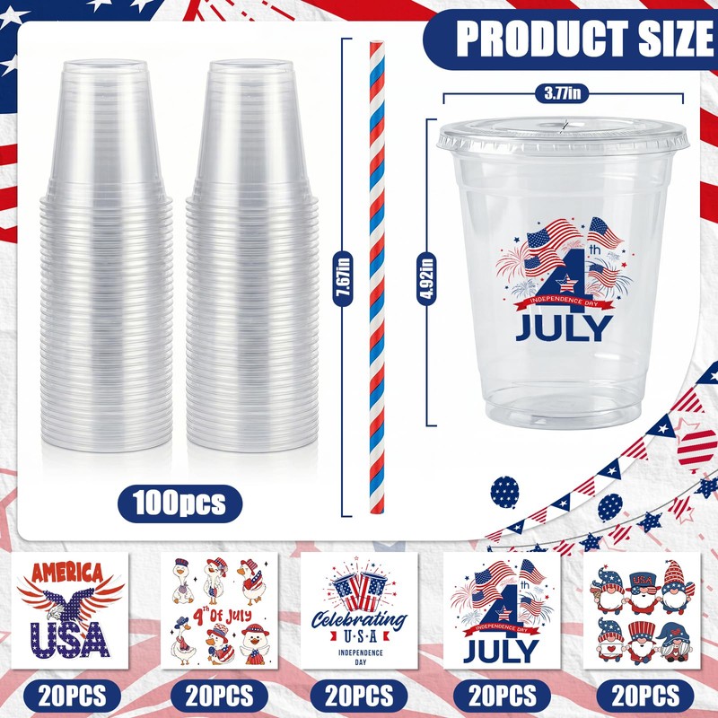 100 Sets 4th of July Party Cups with Lids and