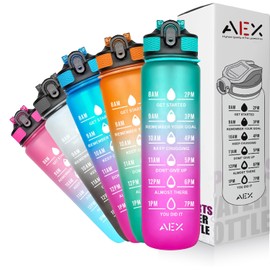 AEX Sports Water Bottle 1L Air Up Water Bottle With Straw & Motivational Time Marker Leak-Proof Tritan BPA-Free Daily Drinks Bottle, Ideal for Home, Gym, Fitness and Cycling (Green-Pink)