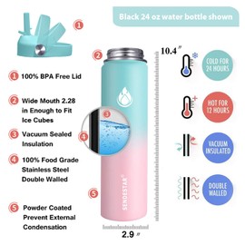 SENDESTAR Stainless Steel Wide Mouth Water Bottle 24oz Double Wall Vacuum Insulated Leak Proof Bottle with New Flex Straw Lid & Spout Lid