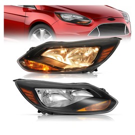 HECASA Pair Headlights Assembly Compatible with 2012-2014 Ford Focus 4-Door Replacement for FO2502298 K301153LAS1 FO2503298 K301153RAS1 Left&Right Headlamp Halogen w/bulbs Clear Lens+Black Housing