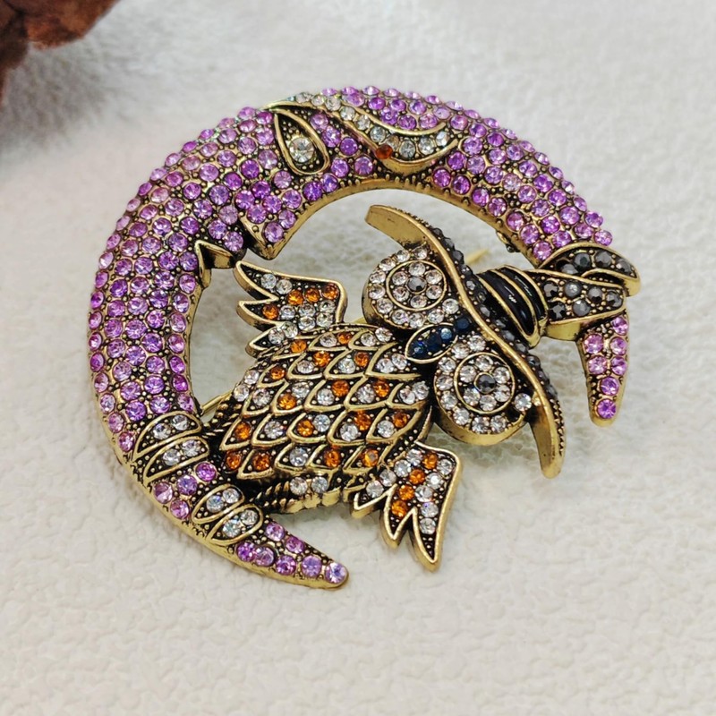 Vintage-Style Halloween Owl and Moon Brooch, Crystal Rhinestone Pin, Purple
