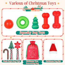 JellyArch 10 Pcs Christmas Dog Toys Gifts with Hat Drawstring Bag Puppy Chew Toys Includes Squeaky Toys Dog Rope Toys Plastic Dog Teething Toys Dog Christmas Stocking for Small Medium Dogs Pet