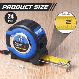 Youyole 24 Pack Tape Measure with Fractions 1/8 Steel Measuring Tape Retractable Easy Read Measurement Tape Steel Power Tape Blade Tape Measure (25 ft X 1 in,Blue)