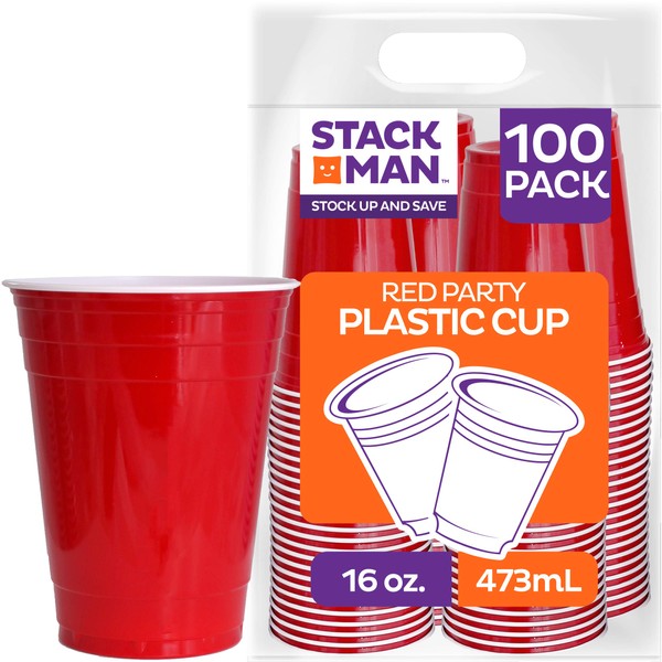 Red Disposable Plastic Cups [16 oz - 100 Pack] Fun & Durable Party Cups for Drinking & Playing - Bulk Case of 100 Cups, By Stack Man