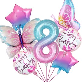 7pcs Butterfly Balloons 8th Birthday Decorations for Gradient Colorful Butterfly Foil Balloons 8 Years Old Theme Birthday Party Supplies Decor