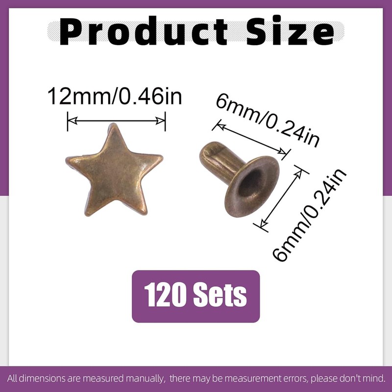 Swpeet 120Pcs Bronze 0.47x0.23" - 12x6mm Star Rivets Studs Assortment