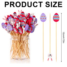 Pack of 100 Cocktail Picks, 12 cm Wooden Easter Theme Rabbit and Egg Toothpicks, Decorative Long Toothpicks, Easter Fruit Skewers for Cakes, Desserts, Food, Fruit, Easter Party Decorations