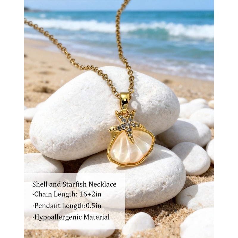 Desnuage Seashell&Starfish Pendant Necklace for Women 14K Gold Plated Adjustable