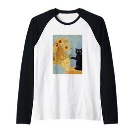 Funny Cat & Sunflowers Van Gogh Art Parody Vintage Raglan Baseball Tee