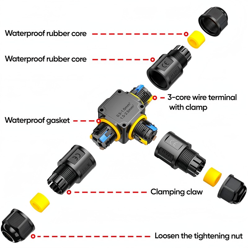 T-Shape 3-Way IP68 Waterproof Junction Box, Screwless Lever Quick-Release Cable