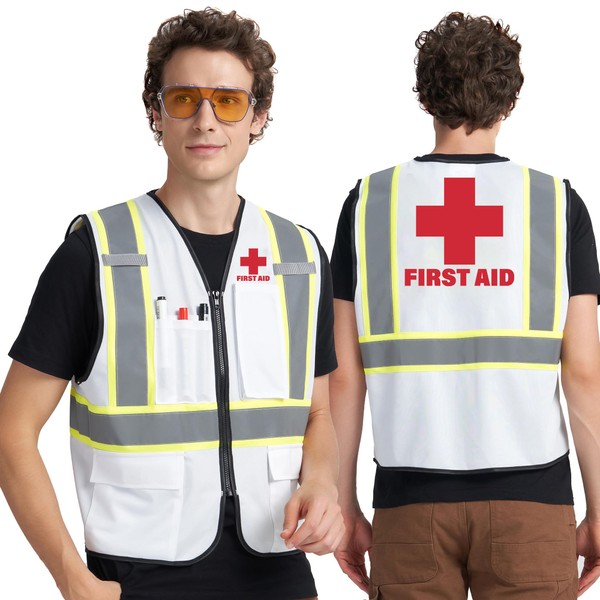 A-KSAFETY FIRST White Security Vest - High Visibility Reflective Safety