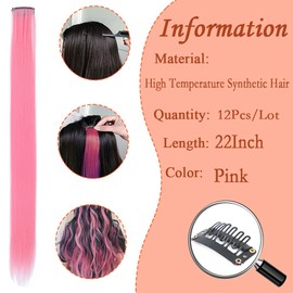 Eravauly Pink hair extensions 22 Inch colorful Straight colored hair 12 Pcs clip in extensions Highlight Party for Kids Girls and Women Gift (Pink, E-26)