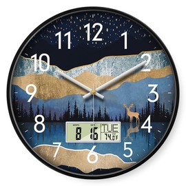 Digital Wall Clock Silent Non-Ticking Battery Operated Wall Clock with LCD Display Calendar Temperature Elk Mountain Pattern Wall Clock Decorative for Living Room Bedroom Home Office Kitchen 14inch