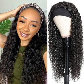 Brazilian Curly Lace Front Wig with Headband Curly Human Hair Wigs for Women Black Natural Color 150% Density (22 Inch)