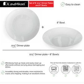CasaMikael™ - Set of 8 – (4) 10.5" Dinner Plates + (4) 8″ White Porcelain Dinner Plates – SERENO COLLECTION