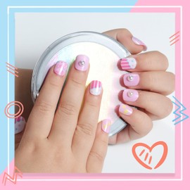 False Nails for Children with Nail Glue - 3D Pattern Short Press On Nails with Bracelets - Pre Glue Full Cover Children's Nails Nail Tips - Artificial Nail Tips Gift for Girls Gift (Pink)