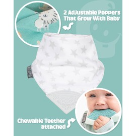 Cheeky Chompers Muslin Baby Bibs with Teether | Super Soft & Absorbent | 2 months+ Teething Bibs, Toddler Bibs | Multi-Award Winning Neckerchew | (Silver Stars, Single)