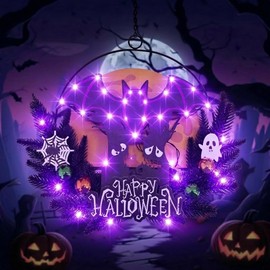 Pre-Lit Halloween Wreath for Front Door, Lighted Witch with 6H On/18H Off