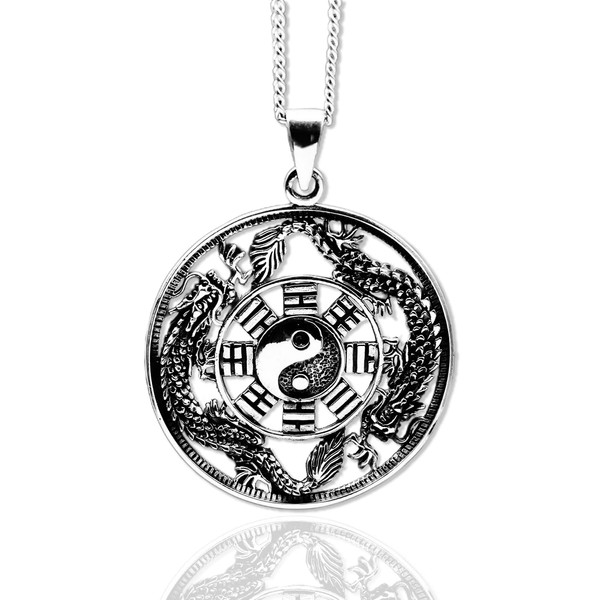 Yin and Yang Dragon Pendant Necklace, Large, Free Engraving,Solid 925