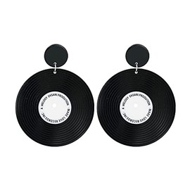 Old School Vinyl Records Dangle Earrings, 1950's Rock 'N' Roll Women's Vinyl Record Earrings for Retro 50's Disco Party Statement Jewelry-black
