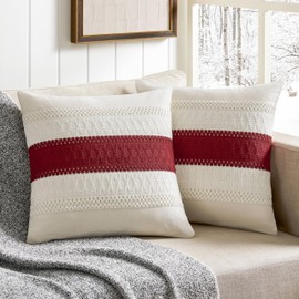 ZeeMart 2 Packs Cotton Boho Christmas Pillow Covers 20x20 Inch Contrast/Red, Soft Farmhouse Decorative Couch Pillow Cases Red Cushion Covers for Sofa Bed Living Room Home Decor