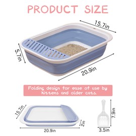 BNOSDM Senior Cat Litter Box Low Entry Kittens Travel Litter Box with Scoop Open Collapsible Shallow Cats Potty Pan Foldable Pet Toilet for Sick Disabled Older Elderly Cats Blue