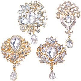 Ezing 4 Pieces Lot Large Big Silver Gold Plated Assorted Crystal Rhinestones Brooch Pins Set (A), 3 inch