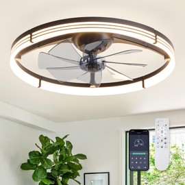 LUDOMIDE 24 Inch Ceiling Fans with Lights and Remote, Modern Low Profile Ceiling Fan, Dimmable LED Light, Quite Reversible DC Motor, 6 Wind Speeds Flush Mount Ceiling Fans for Bedroom Indoor