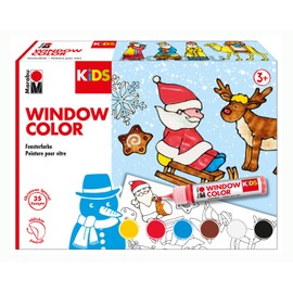 Marabu Kids Window Color Space, Water-Based Paint, Removable on Smooth Surfaces such as Glass, Mirrors, Tiles and Film, 6 x 25 ml Paint, A3 Painting Template with 18 Designs and A4 Film, Christmas, Colourful