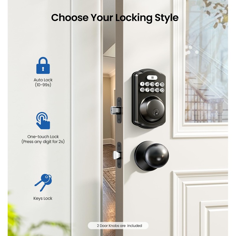 Veise Keyless Entry Door Lock with 2 Knobs, Electronic Backlit