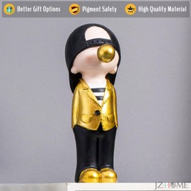 JZ·HOME Kids Figurines Home Decor, Blowing Bubble Cute Boy Statue Resin Funny Small Sculpture Tabletop Ornaments for Living Room Kids' Room Bookshelf Decor (Black/Gold)