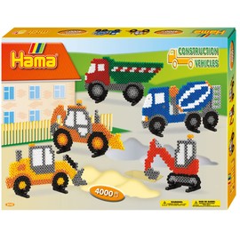 Hama Perlen 3143 Geschenk-Set Baufahrzeuge mit ca. 4.000 bunten Midi Bügelperlen mit Durchmesser 5 mm, Stiftplatte, inkl. Bügelpapier, kreativer Bastelspaß für Groß und Klein