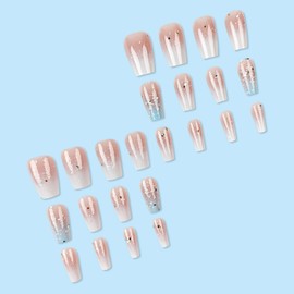 Hkanlre Nude Gradient Fake Coffin Nails Tips Press on Nails Medium Full Cover Sequins False Nails for Women 24PCS