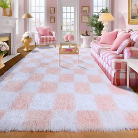 KICMOR 5x8 Area Rugs for Living Room, Light Pink and White Fluffy Shag Large Fuzzy Plush Soft Bedroom Carpets, Indoor Floor Shaggy Checkered Rug for Kids Baby Girls Room Playroom Nursery Home Decor