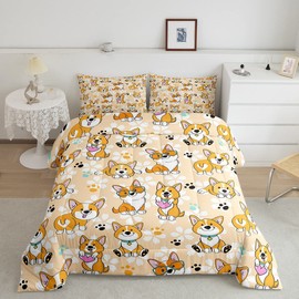 Cute Corgi Comforter Set Full Size,Cartoon Dog Paw Bedding Set 3pcs for Kids Teens Boys Girls Room Decor, Smiling Dog Quilt Set Kawaii Yellow Duvet Insert with 2 Pillowcases